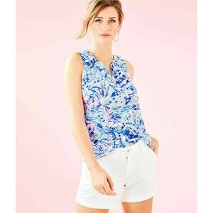 Lilly Pulitzer Essie Tank Tunic Top Smocked Printed Resort Cotton S NEW 283092